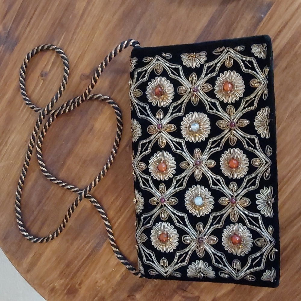Vintage Black Velvet embroidered Gem BEADED Clutch Strap GORGEOUS! 1930 rare